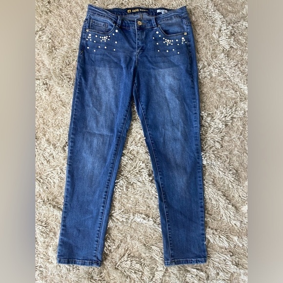 Anne Klein Girlfriend Bedazzled Pearl Denim Jeans Women’s Size 6P Petite - Picture 1 of 11